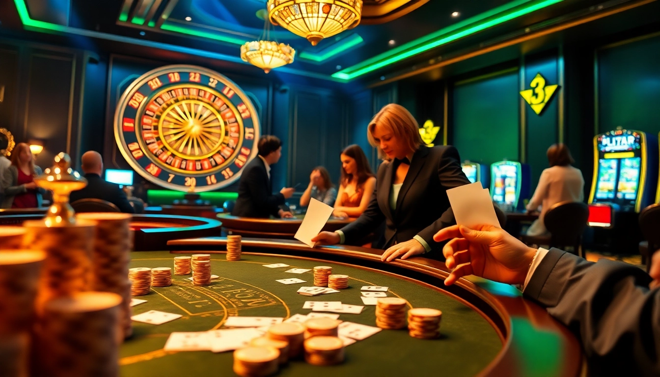 P3 poker players engaging at a luxurious casino table with chips and cards