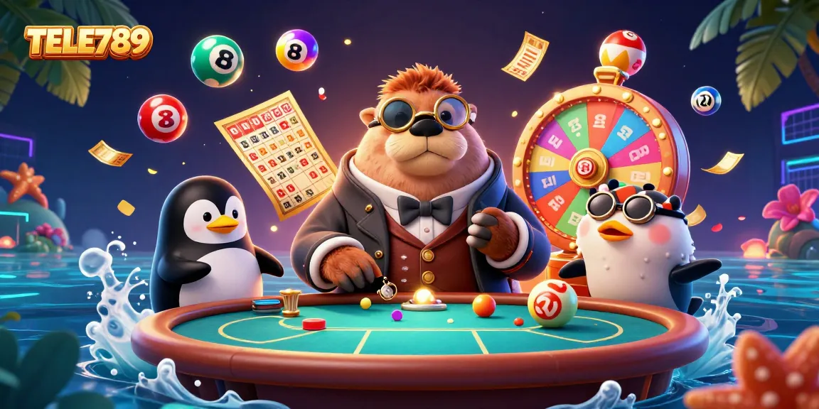 TELE789 hosts a vibrant poker scene featuring a jolly walrus, penguin dealer, and a bluffing pufferfish.