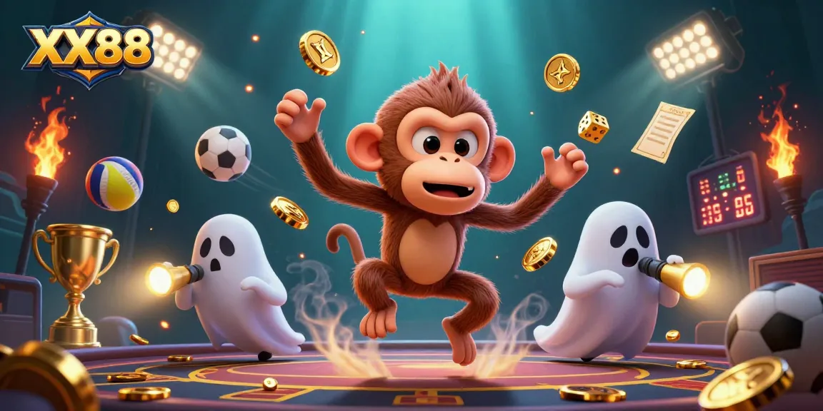 Catch the excitement at XX88 with a playful poltergeist monkey juggling golden treasures in a dynamic casino scene.