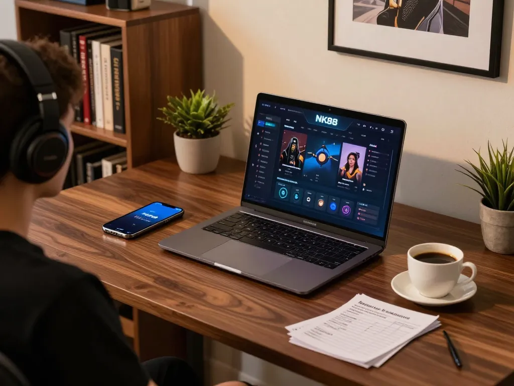 Engage in NK88 online gaming with a laptop, smartphone, and personal strategy notes in a stylish home setup.