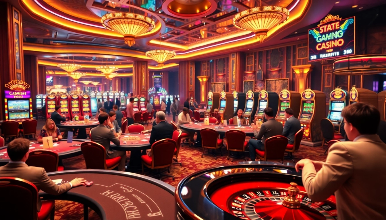 Exciting casino scene highlighting tabet gaming with vibrant tables and spinning roulette wheels.