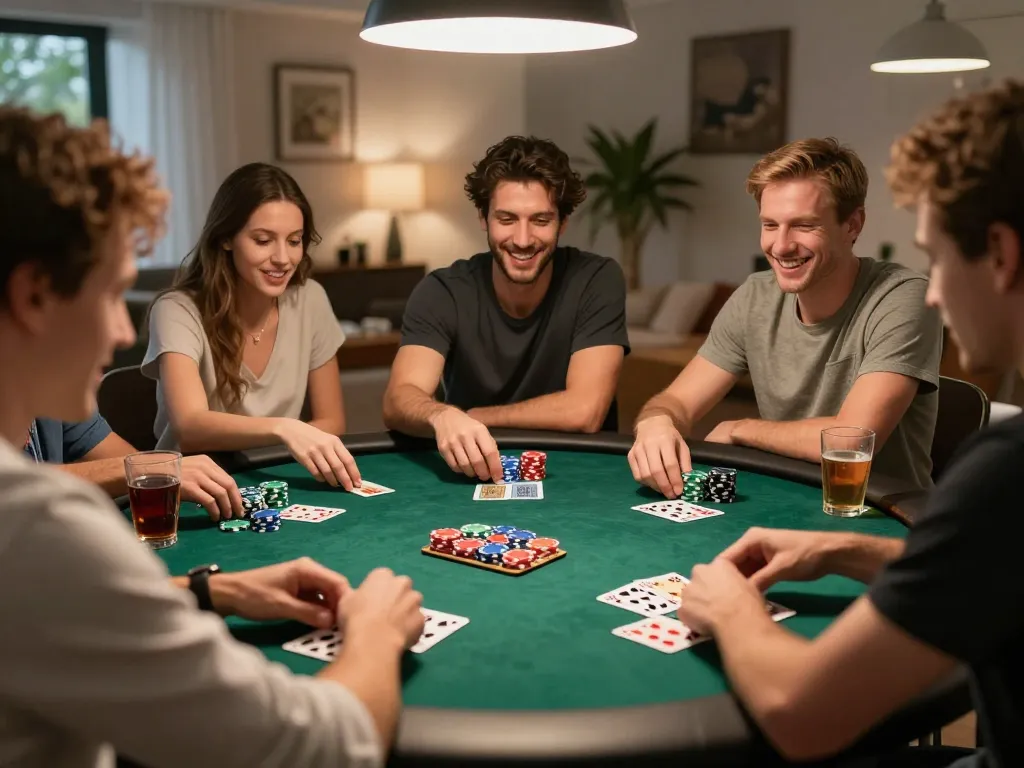 Friends enjoying a poker game at home with chips and cards, showcasing the excitement of strategic gambling on https://9bet9.in.net