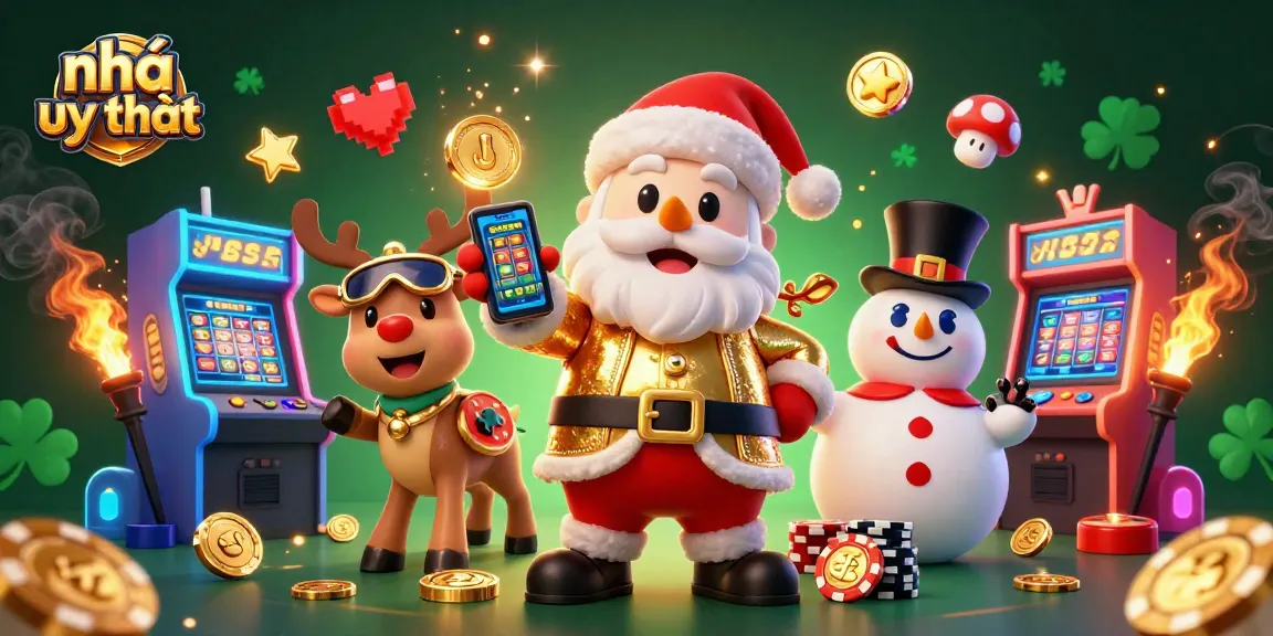 Experience engaging games at nhà cái uy tín with Santa and friends in a colorful casino scene.