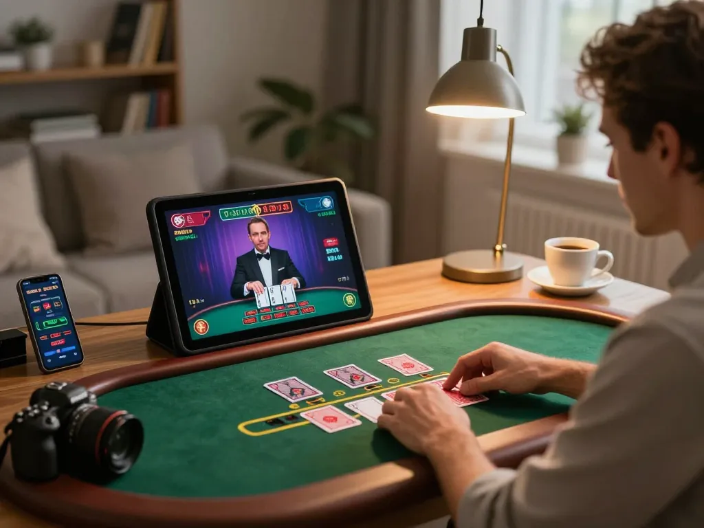 XX88 player enjoying engaging blackjack action in a cozy home gaming setup.