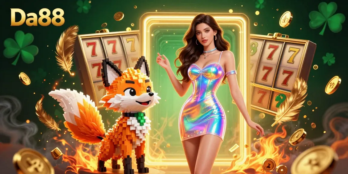 Win big with Da88 at a vibrant, action-packed casino scene featuring colorful pixels and golden tokens.