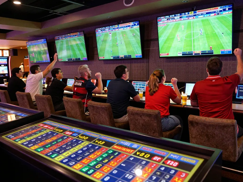 Sports betting excitement with fans watching ฟุตบอล matches and discussing bets