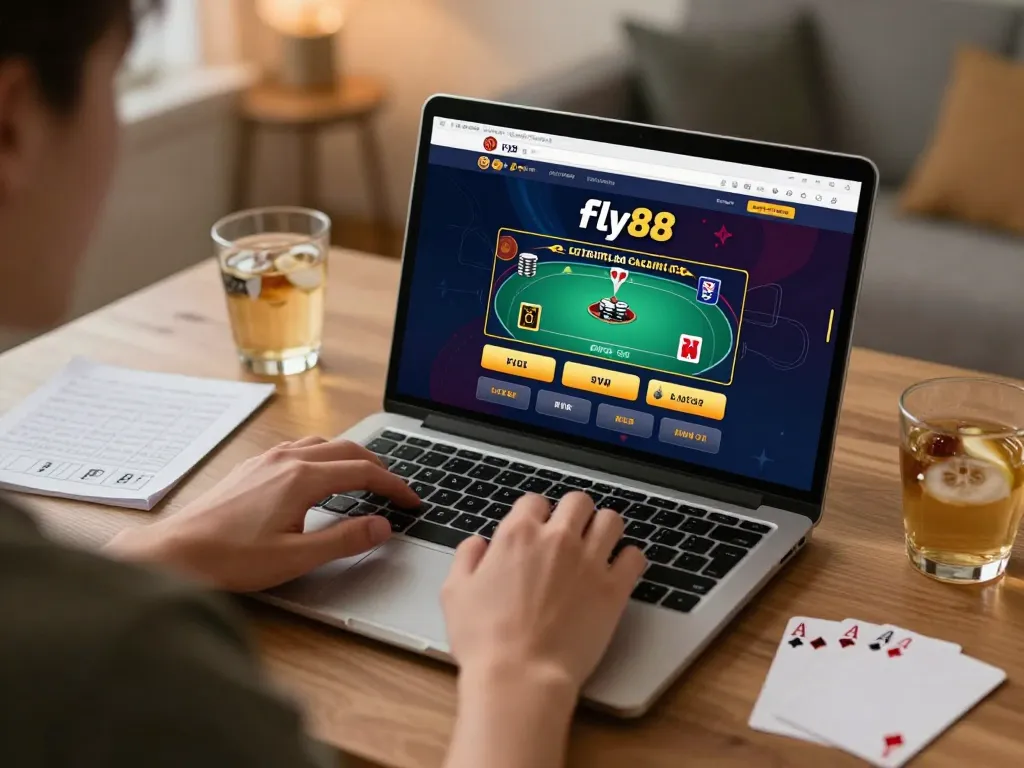 Engaging with Fly88 casino interface while strategizing poker moves in a cozy home setting.