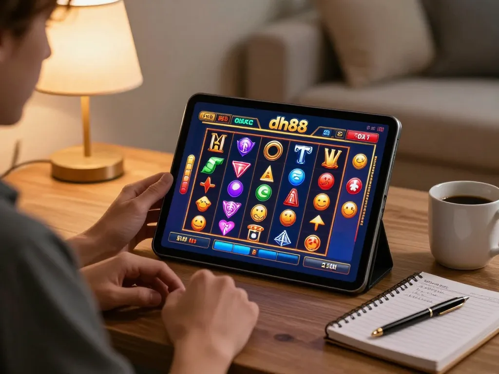 Player enjoying the dh88 game on a tablet at home, engaging with exciting video slots amidst a cozy atmosphere.