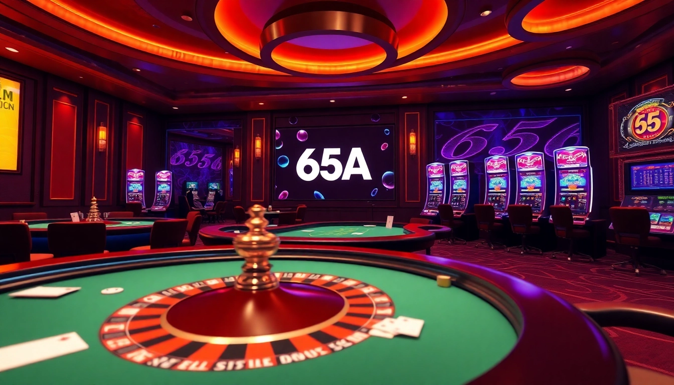 Players enjoying a thrilling casino experience at 65A with vibrant slot machines and poker tables.
