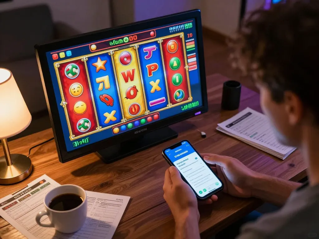 Player engaging with the okfun app on a smartphone amidst an exciting online gaming session, showcasing vibrant slot game activity.