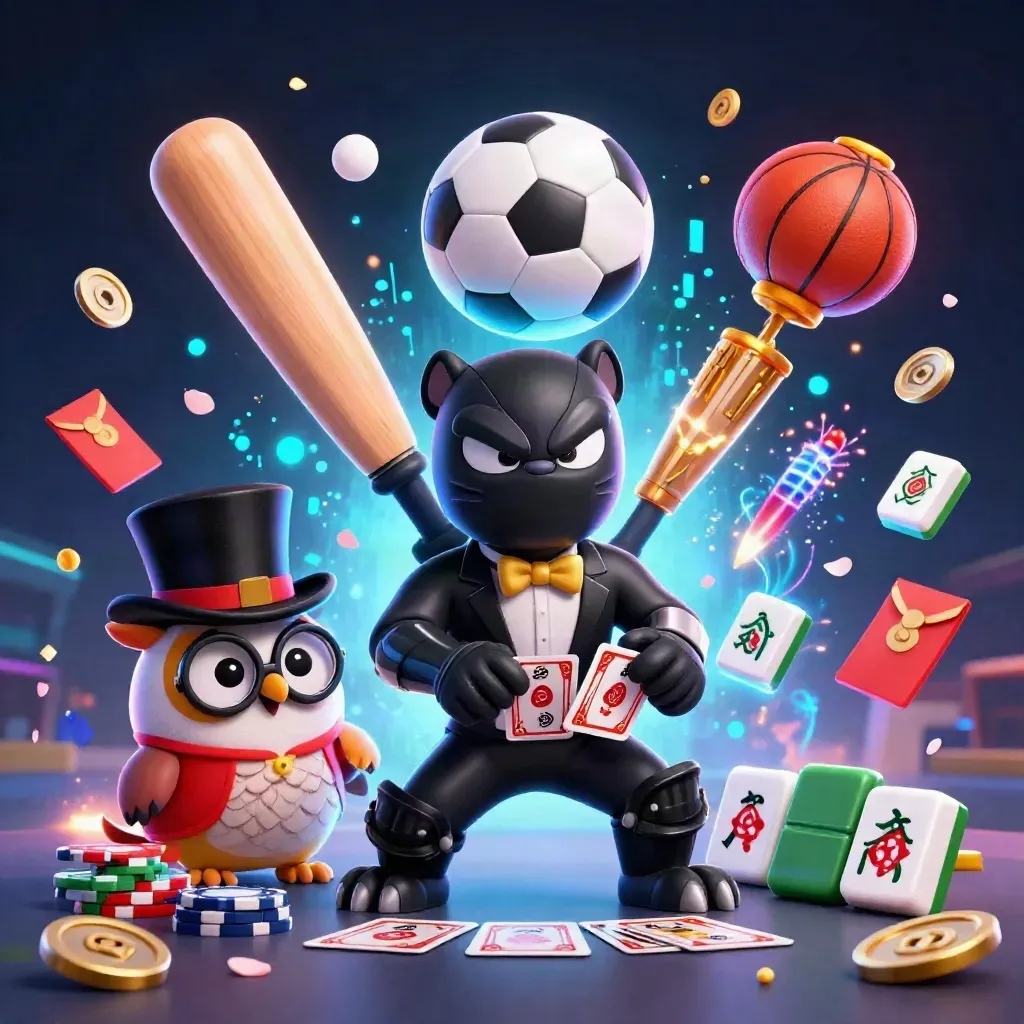 Panther, owl, and mouse amid casino tokens, lanterns, and neon sports energy.