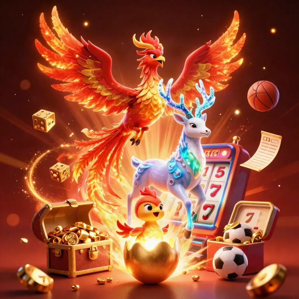 Phoenix, hatchling, and crystal stag burst from a slot machine amid gold, embers, and neon light.