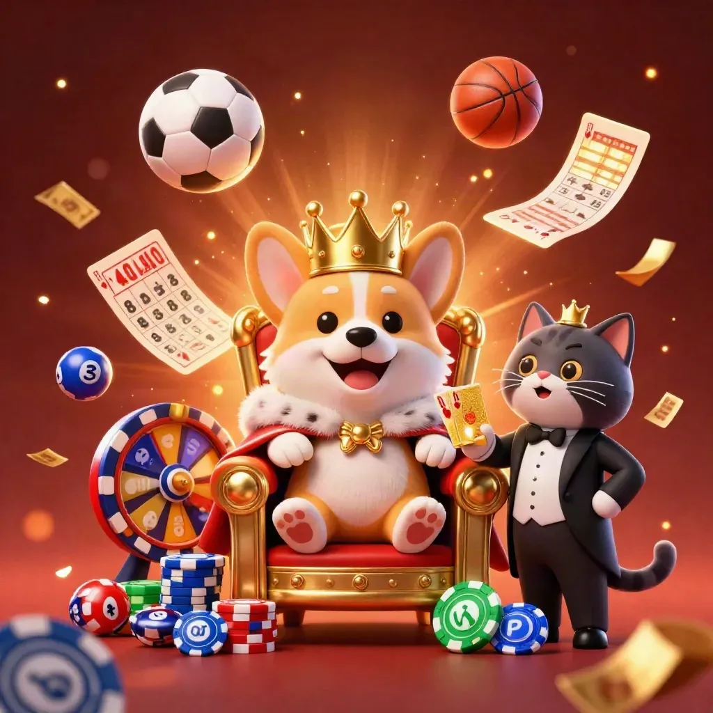 Royal corgi and cat butler amid casino game burst with lottery balls, wheel, tickets, and neon glow.