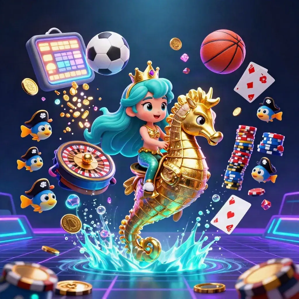 Mermaid princess on armored seahorse amid cards, chips, balls, coins, and neon underwater light.