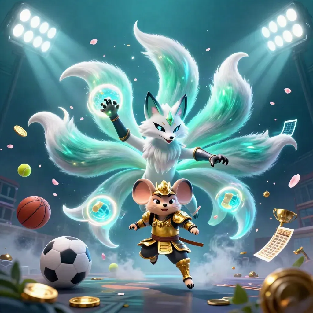 Neon fox spirit and golden mouse amid flying sports balls, coins, and floodlights.