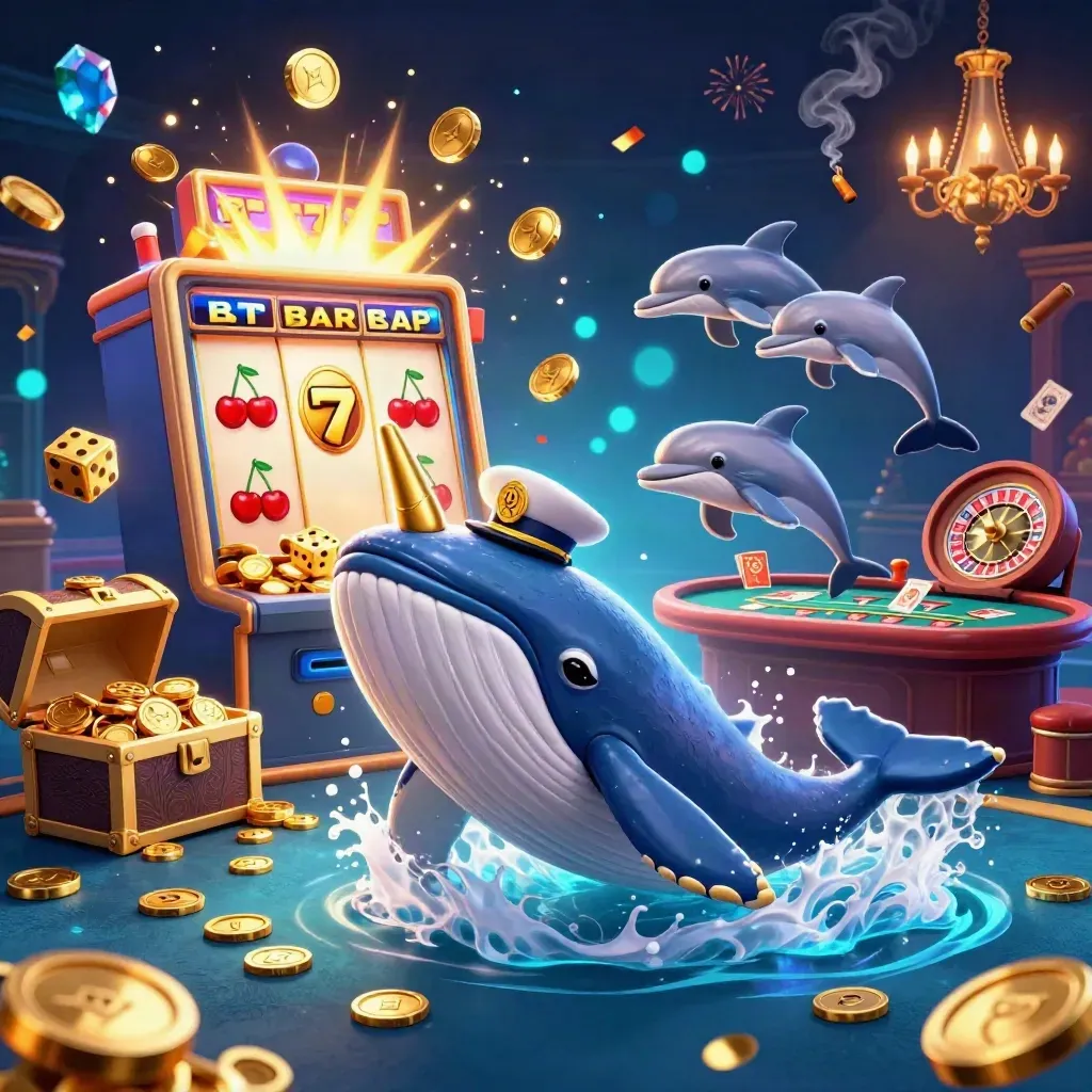 Whale, narwhal, and dolphins burst through a neon casino room with coins, gems, and jackpot effects.