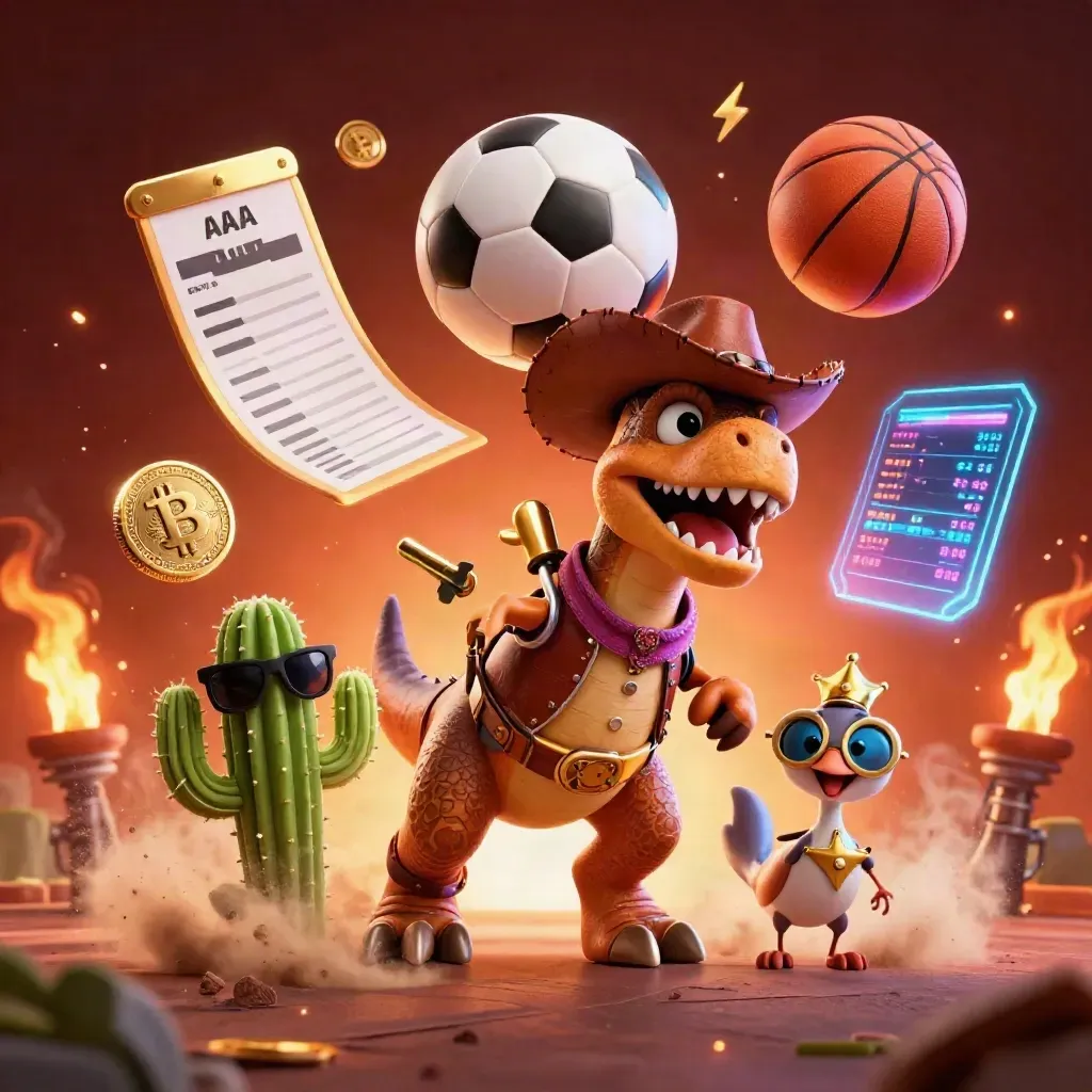 Cowboy T-Rex, cactus, and roadrunner amid neon crypto sports action.