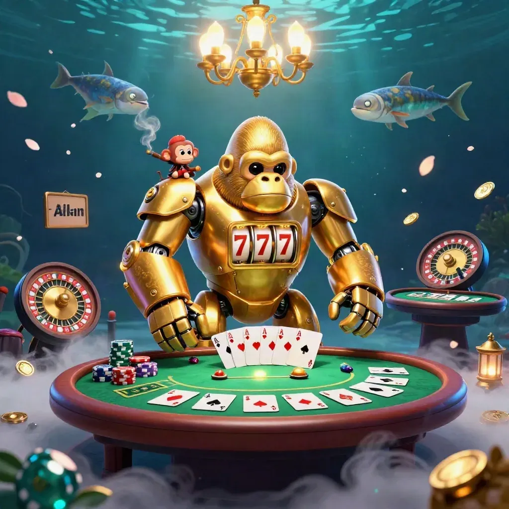Golden gorilla mech and tiny monkey pilot in a luxe casino room with poker and roulette action.