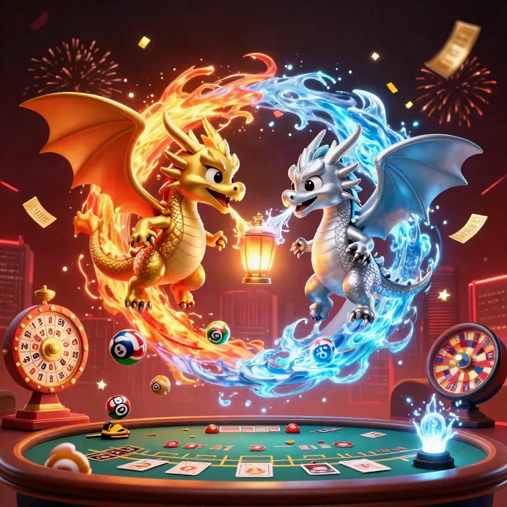 Twin gold and silver dragons spiral with fire and ice above casino lights and floating game elements.
