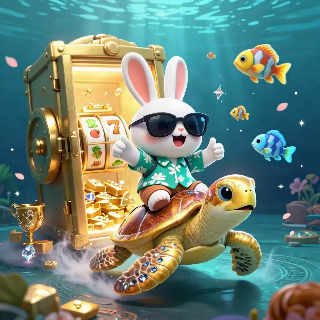 Lucky rabbit on a gold sea turtle amid treasure, vault light, and neon underwater glow