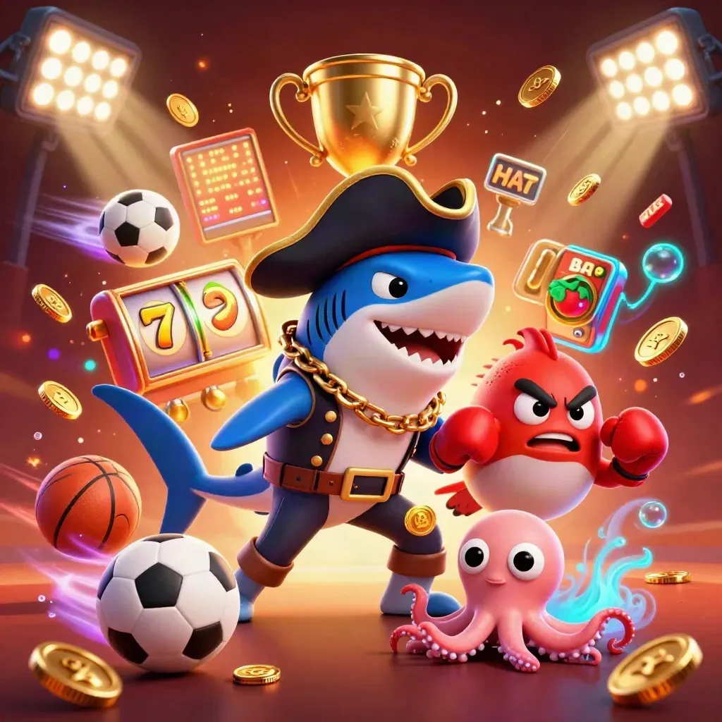 Pirate shark, boxing pufferfish, and coin-juggling octopus amid casino sports bursts
