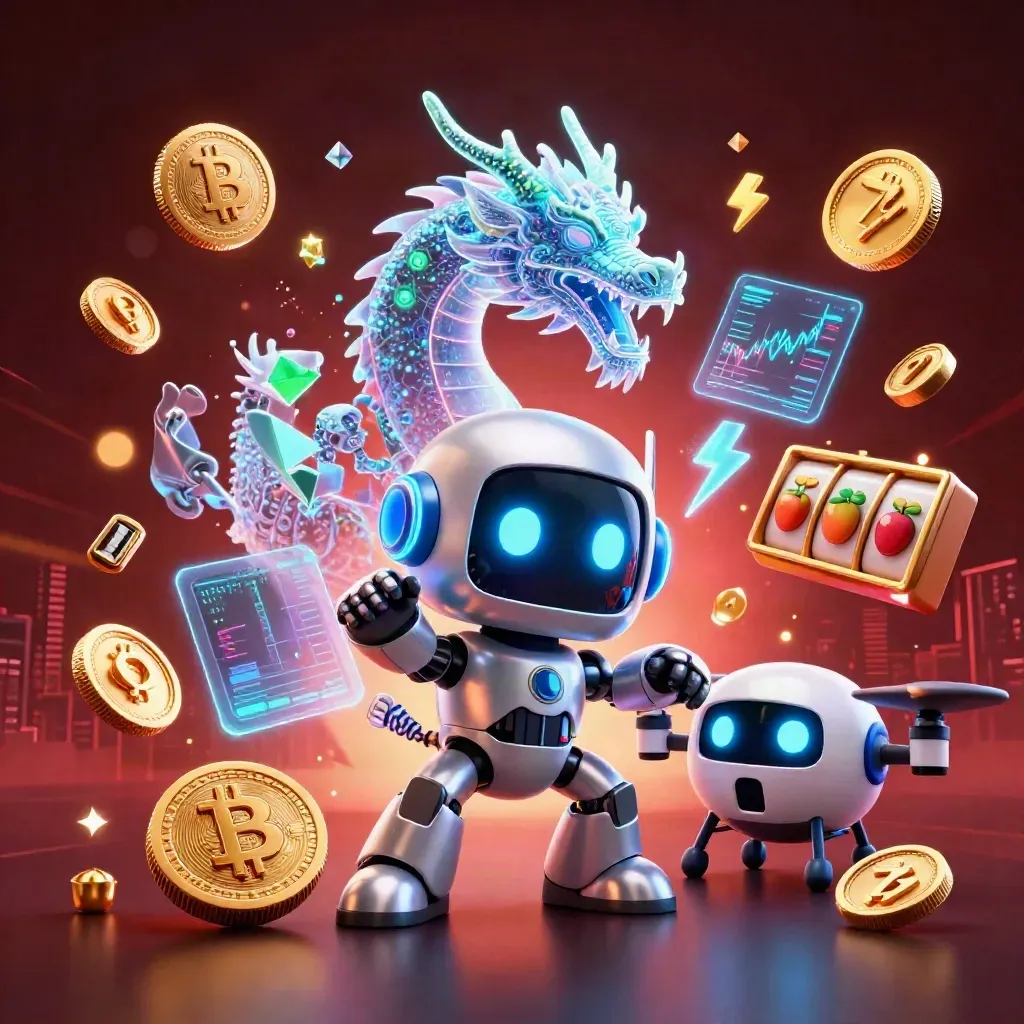 Cyberpunk robot, AI dragon, and coin drone exploding with crypto treasure in neon casino light.