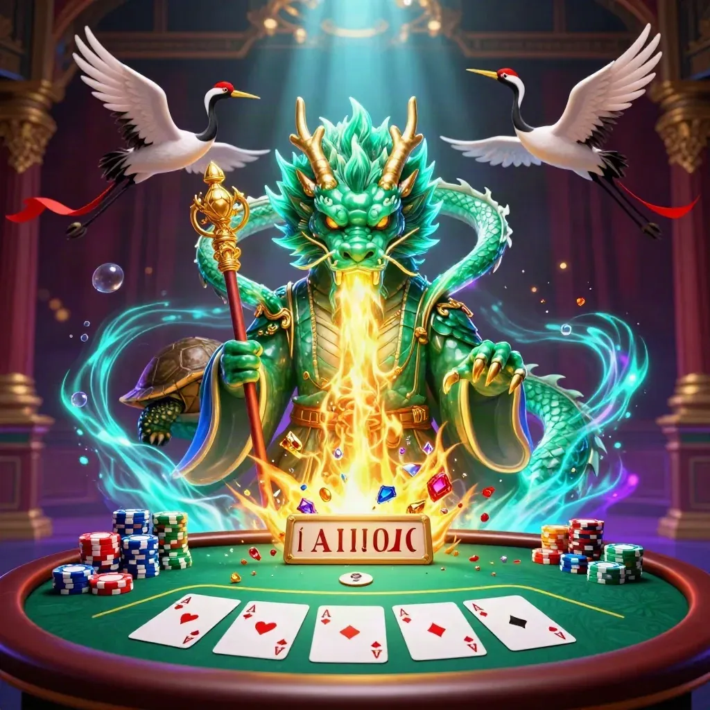 Emerald dragon, turtle sage, and cranes amid casino cards, chips, gold fire, and dark damask glow.