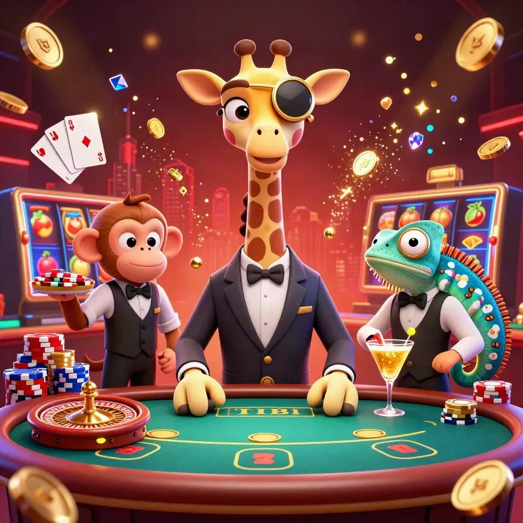 Giraffe high-roller, monkey valet, and chameleon bartender amid coins, gems, roulette, and chips.