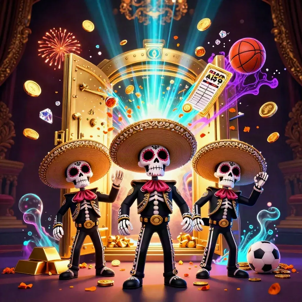 Skeleton mariachi trio with opening vault, gold, gems, sports props, and neon casino glow