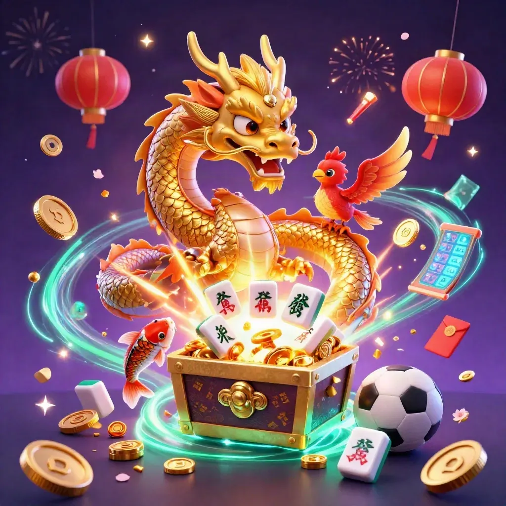 Golden dragon with phoenix and koi amid coins, fireworks, lanterns, and casino symbols