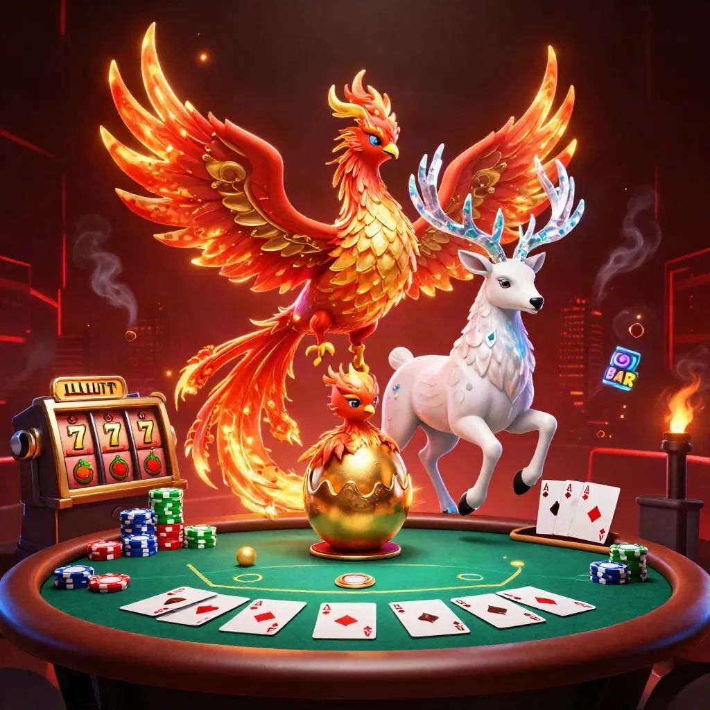 Phoenix, baby phoenix, and crystal stag amid chips, reels, and glowing green casino energy.