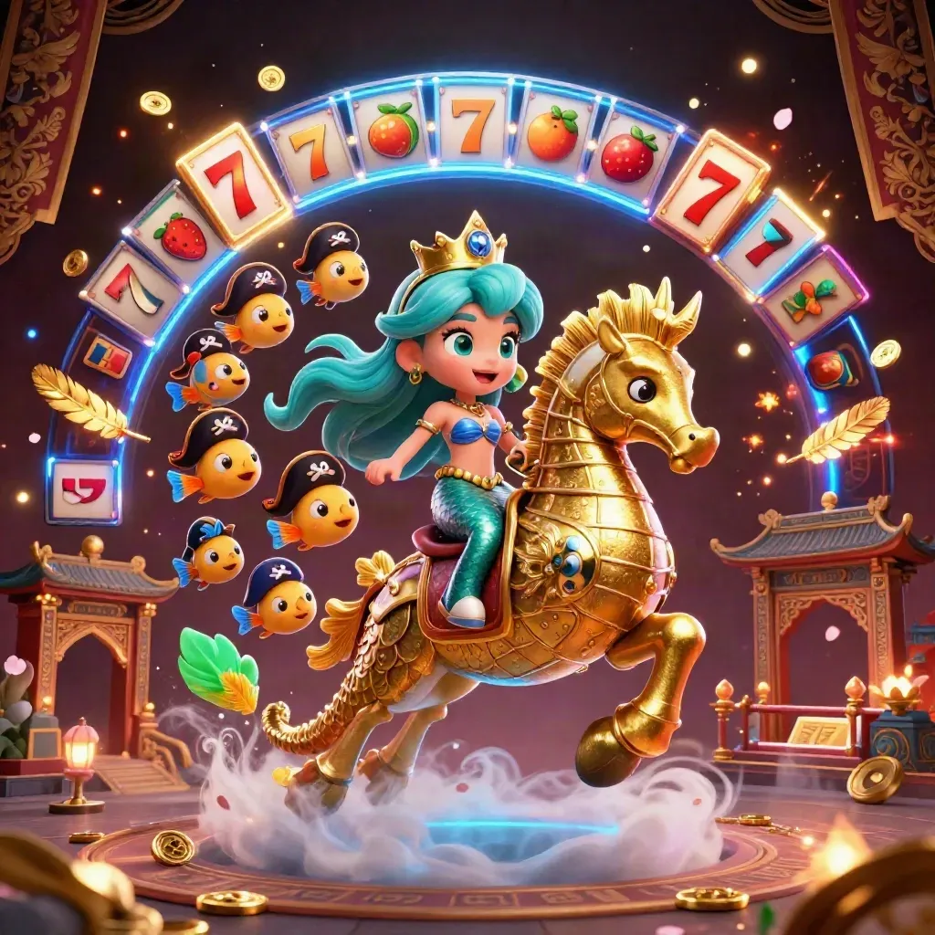 Mermaid princess on armored seahorse with pirate fish amid slots, coins, and glowing ruins.