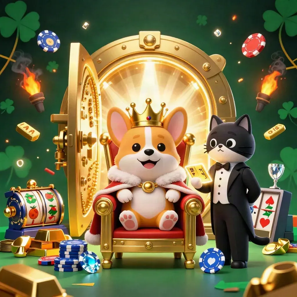Royal corgi on chip throne with cat butler, vault door, gold, gems, slot reels, glowing casino magic.