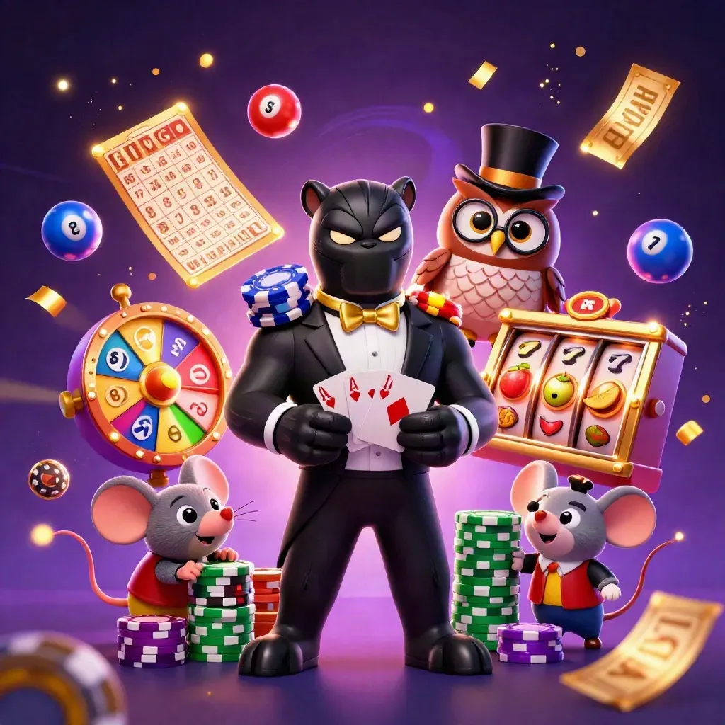 Panther, owl and mouse in a glowing casino burst with chips, balls, reels and purple-gold energy.