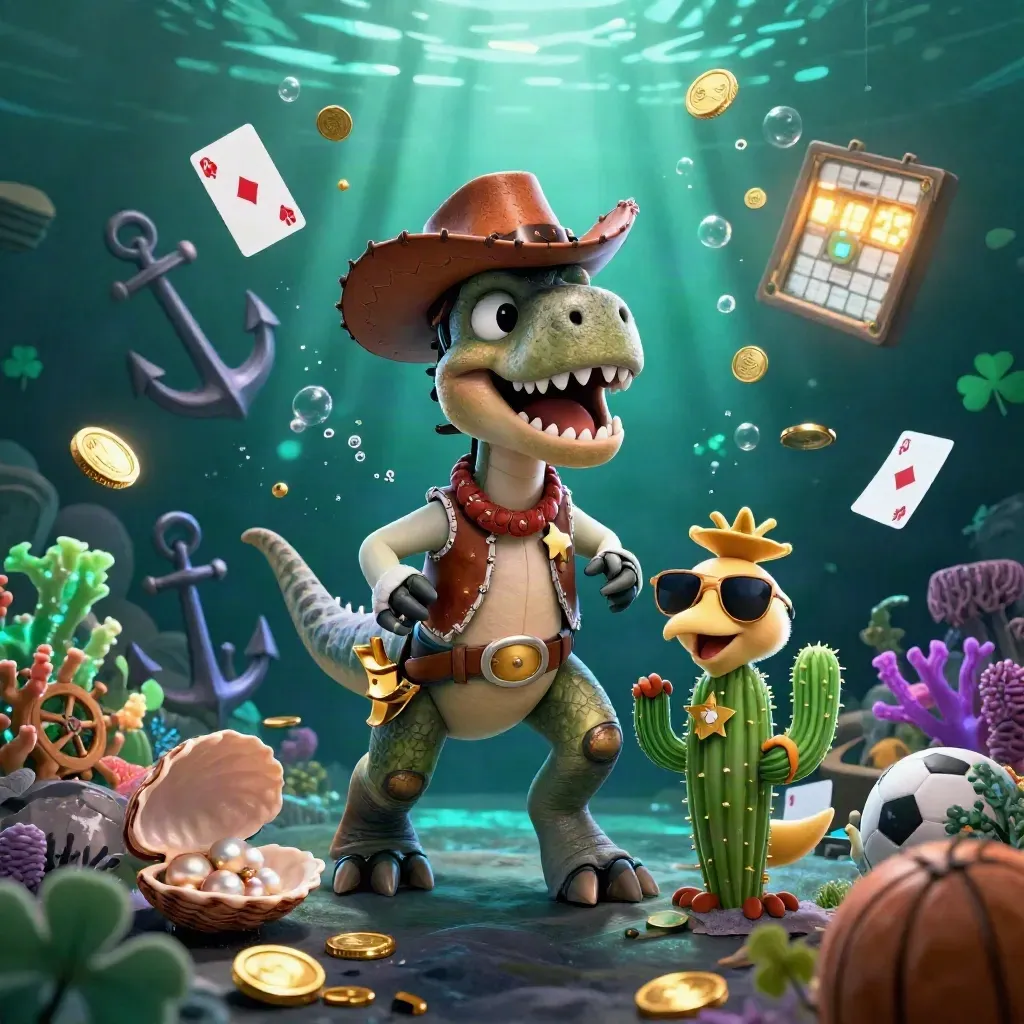 Cowboy T-Rex, cactus sidekick and roadrunner in a glowing underwater casino treasure scene.