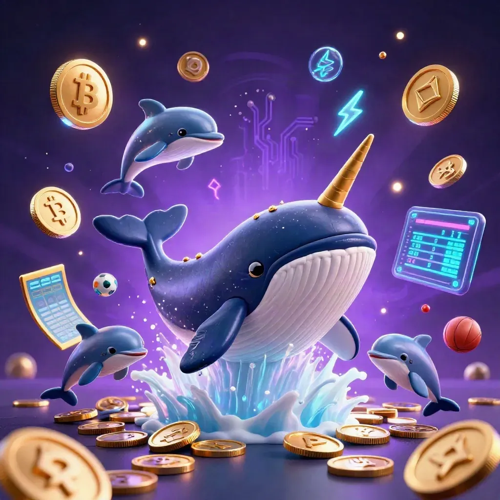 Whale captain, narwhal, and dolphins amid neon coins, sports props, and cosmic casino glow.