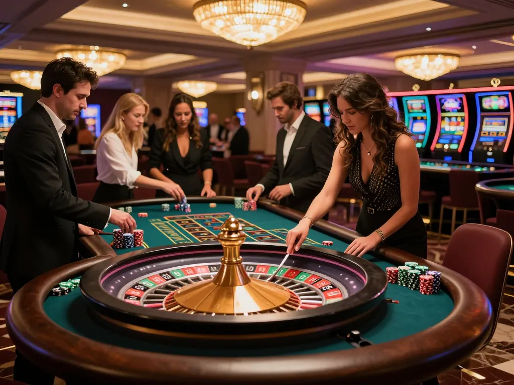Exciting roulette gameplay at cm88 casino, players engaging with croupier under warm ambient lighting
