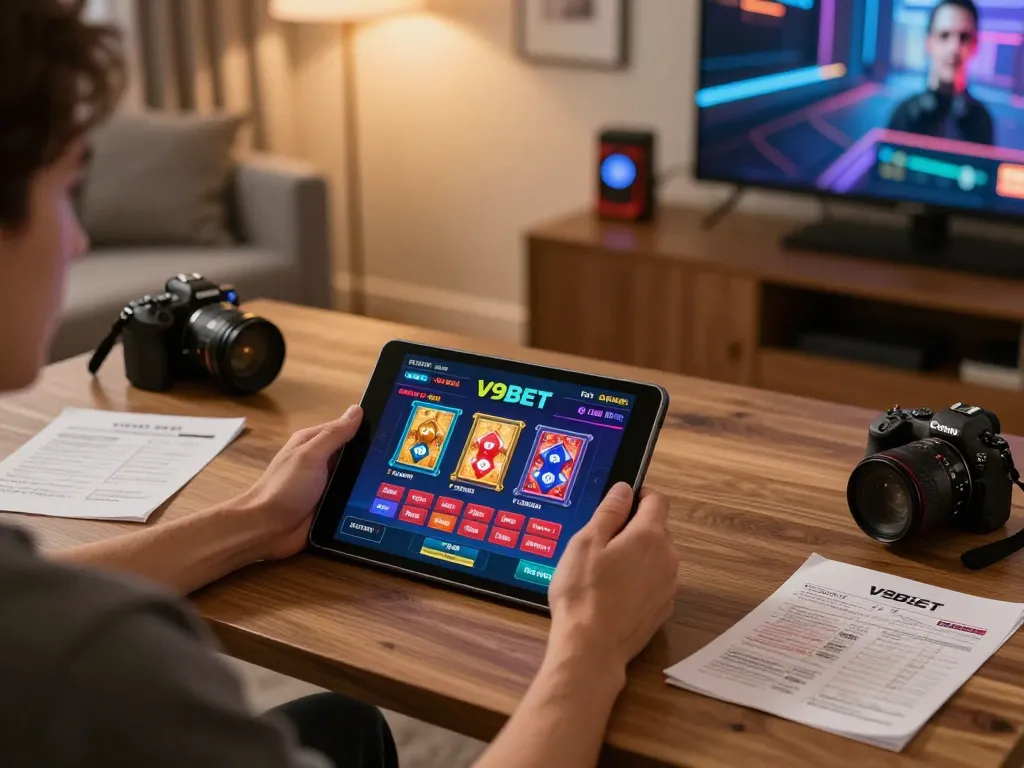 Engaging in online gambling through the V9BET app on a tablet in a cozy home setting.