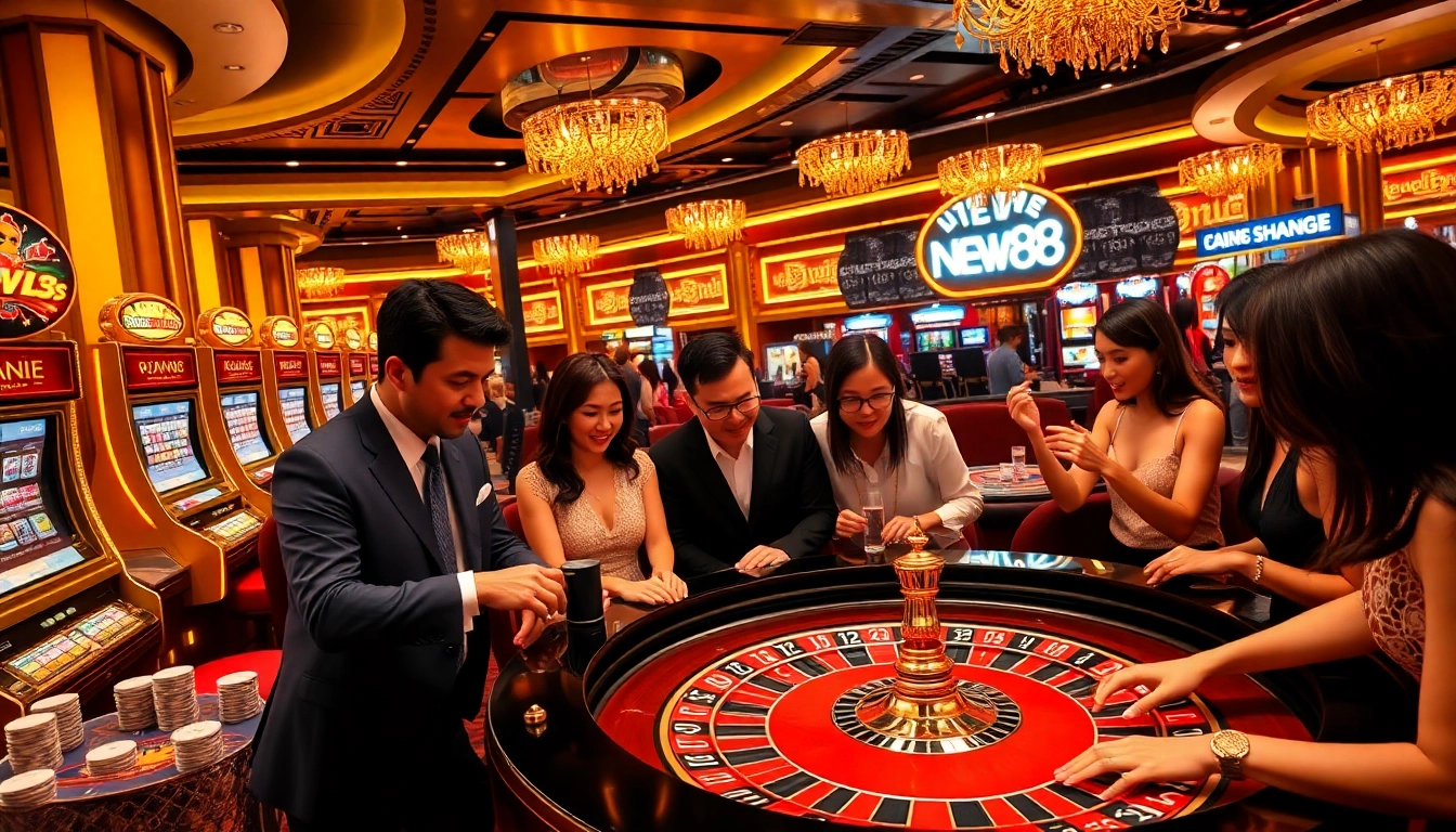 Players engaging in a thrilling casino experience at NEW88, showcasing excitement and professionalism.
