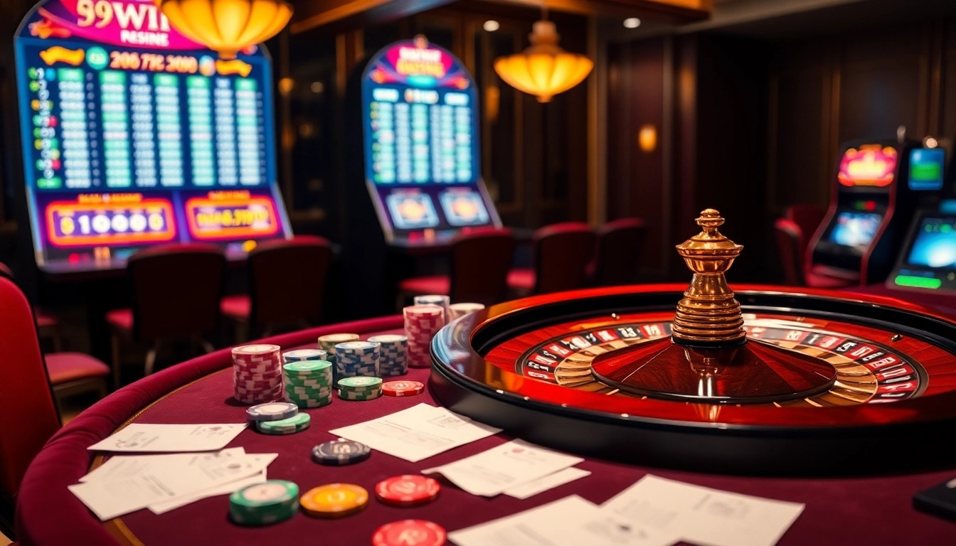 Xổ số miền Nam 99WIN betting excitement on a vibrant casino table with lottery slips and poker chips.