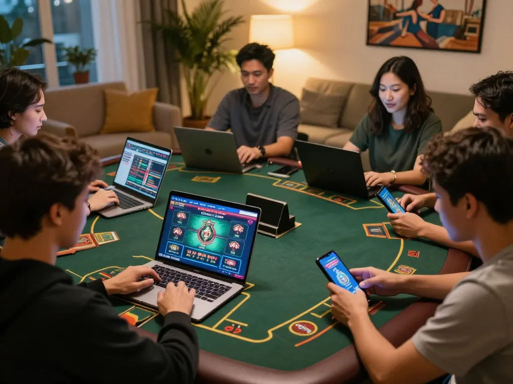 Players actively engaging in debet online casino games on sleek devices in a cozy home setting.