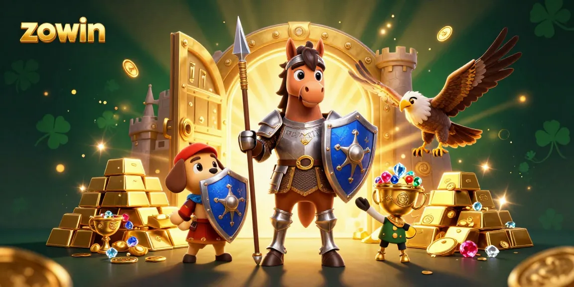 Zowin casino experience captured, highlighting winning moments with knights and treasures in a vibrant scene.