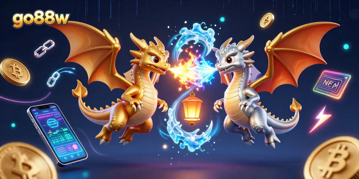 Join the excitement of go88w with intertwining dragons, crypto coins, and vibrant gaming elements.