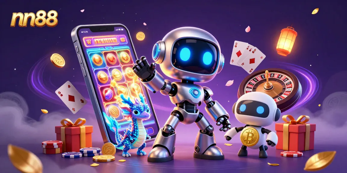 Engage in vibrant gaming at nn88 with colorful slot games, golden coins, and futuristic characters.