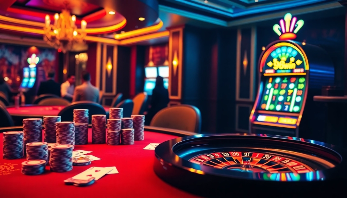98win casino excitement with luxurious poker table, chips, and roulette wheel.