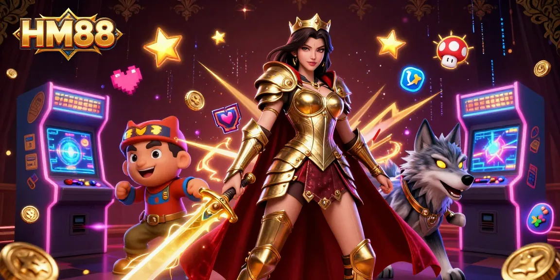 Engage with the exciting world of HM88, showcasing a warrior queen and her wolf companion amidst vibrant gaming elements.