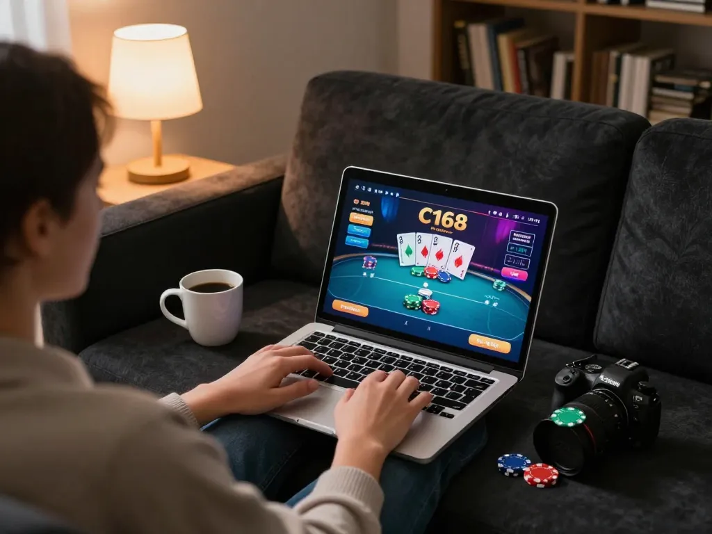 C168 Casino online poker gameplay from home setting with focused player using laptop.