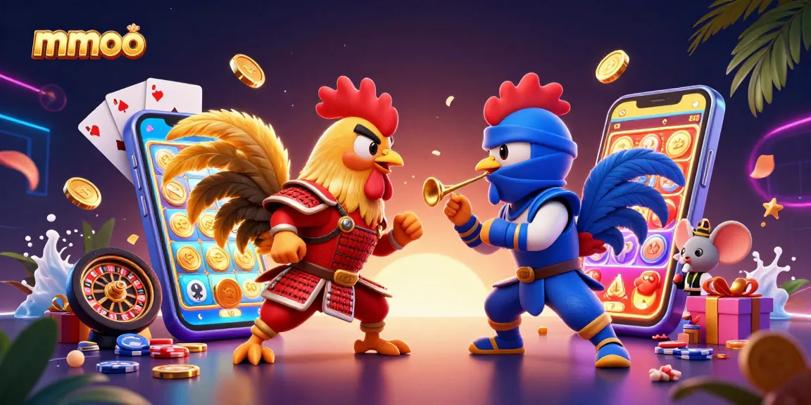 Experience thrilling mmoo action with vibrant fighting roosters and casino elements in a dynamic scene.