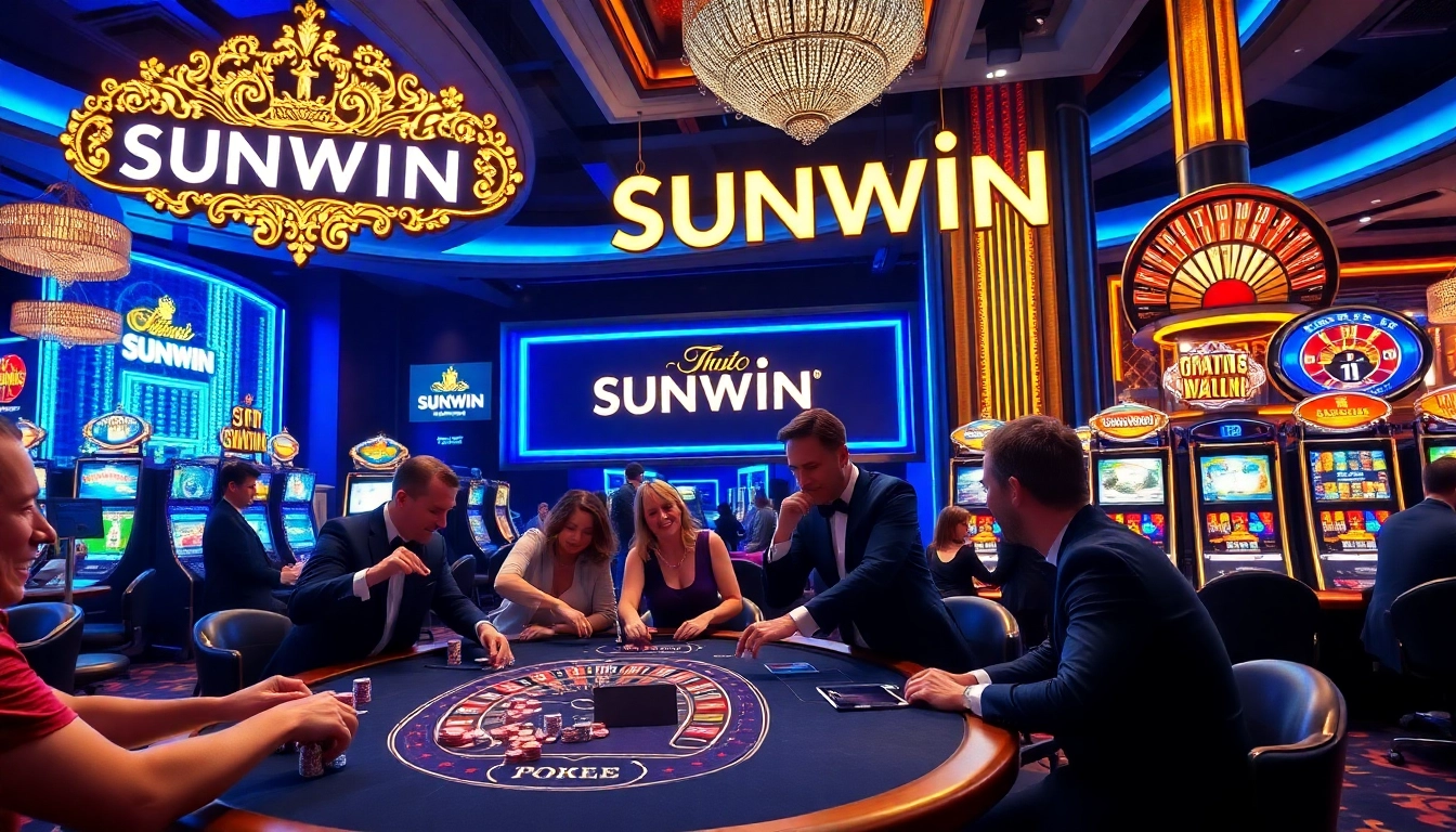 SUNWIN casino scene with a lively poker table and vibrant slot machines showcasing thrilling gameplay.