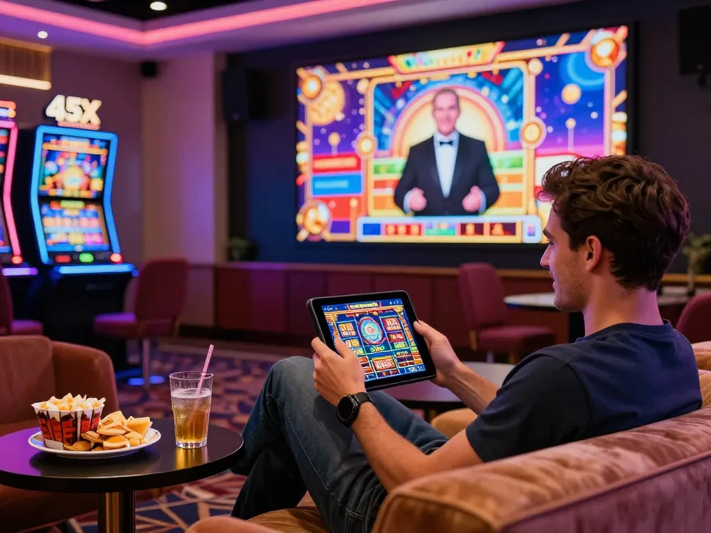 Player engaging with 45X online slot games, enjoying a colorful and fun casino atmosphere.